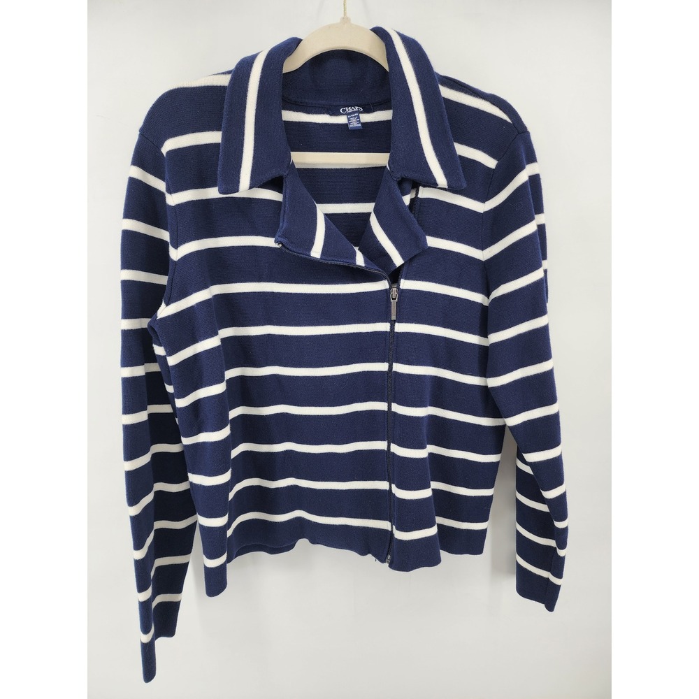 Chaps Navy Blue White Striped Full Zip Knit Moto Cardigan Sweater XL